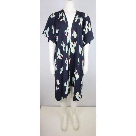 FILLY FLAIR - WOMEN'S BLUE CACTUS PRINT SILKY TEXTURED DUSTER TOP  - SIZE S - Picture 1 of 8